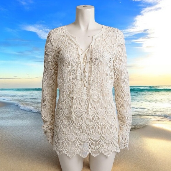 Fashion Nova Ivory Cotton Crochet Lace Top Swim Coverup Women’s Small Medium - Picture 1 of 13